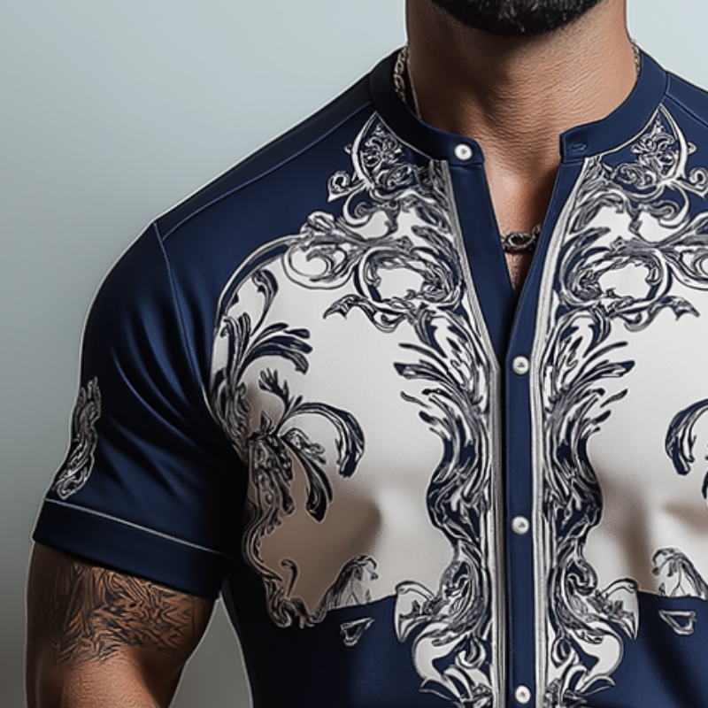 Men's Retro Casual Baroque Palace Printed Collarless Short Sleeve Shirt 9922014937272