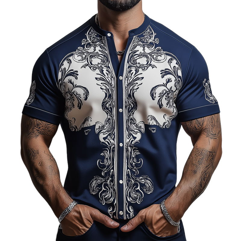 Men's Retro Casual Baroque Palace Printed Collarless Short Sleeve Shirt 9922014937272