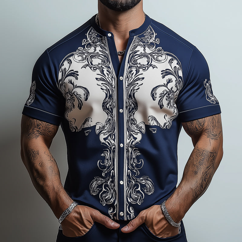 Men's Retro Casual Baroque Palace Printed Collarless Short Sleeve Shirt 9922014937272