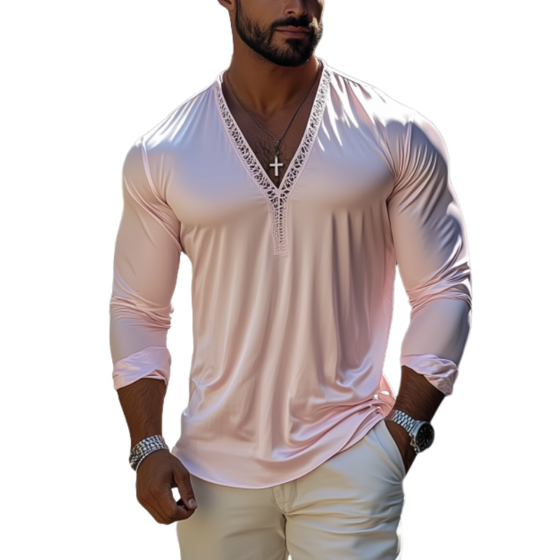 Men's Fashion Casual Sexy Lace and Satin Splicing Deep V Neck Long Sleeve T-Shirt 9922016313528