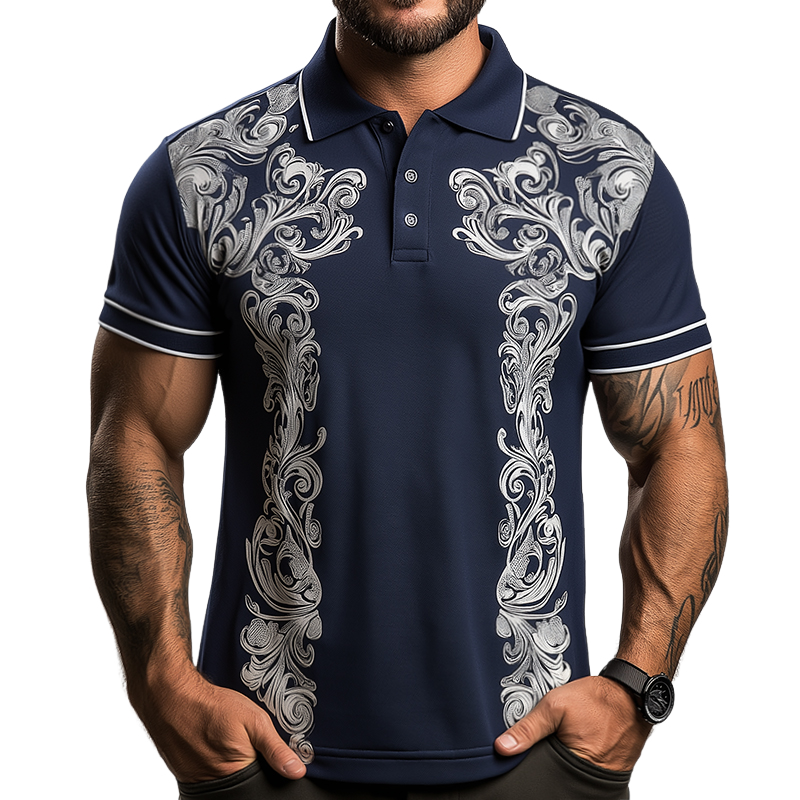 Men's Retro Casual Baroque Palace Print Short Sleeve Polo Shirt 9922014970040