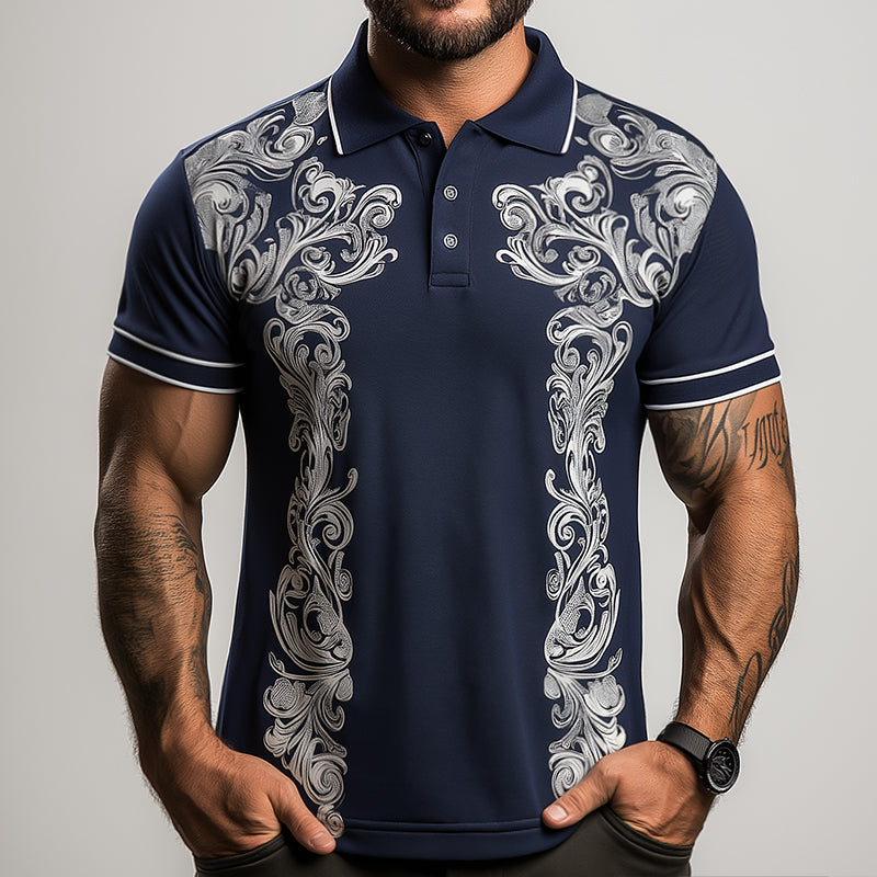 Men's Retro Casual Baroque Palace Print Short Sleeve Polo Shirt 9922014970040