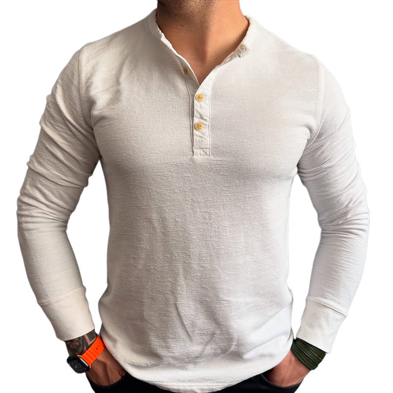 Men's Vintage Casual Solid Color Henley Neck Long Sleeve T-Shirt 9922015002808