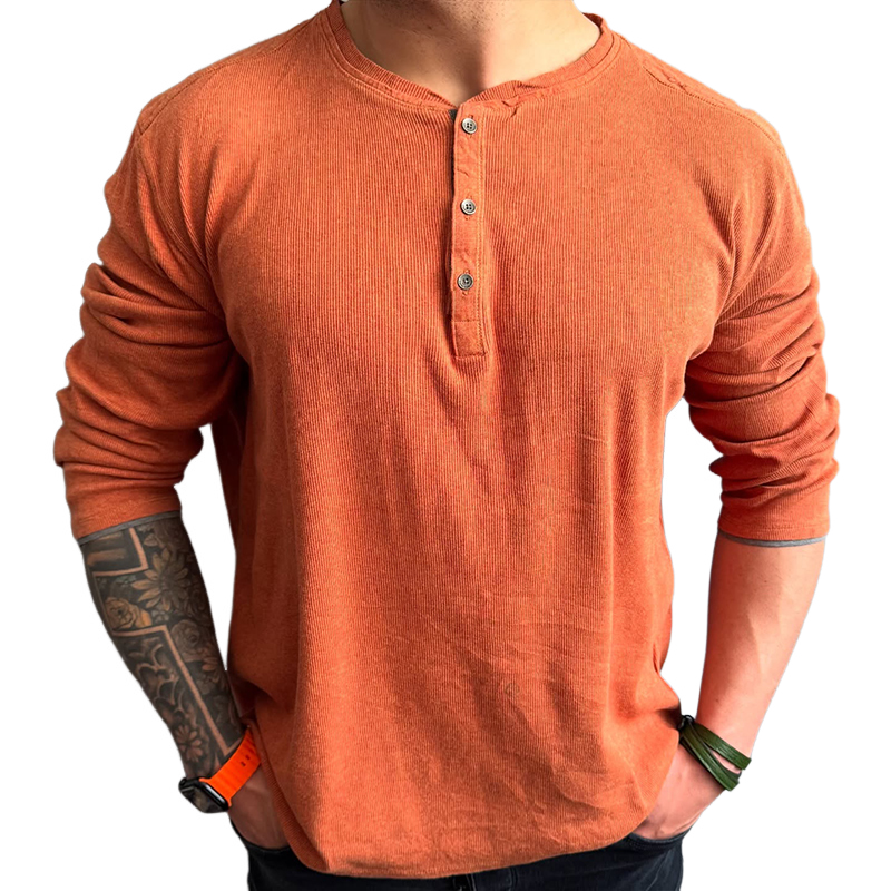 Men's Retro Casual Solid Color Henley Neck Long Sleeve T-Shirt 9922015035576