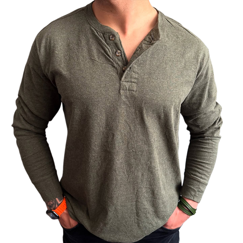 Men's Retro Casual Washed Henley Collar Long Sleeve T-Shirt 9922015101112