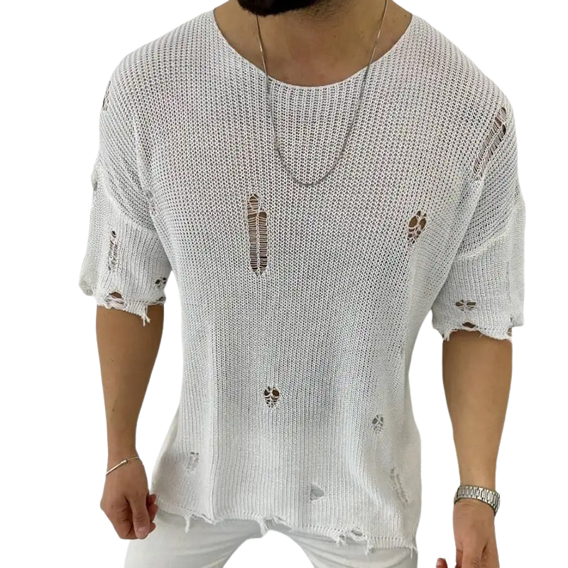 Men's Spring and Summer Fashion Casual Ripped Knitted Long Sleeve T-shirt 9922015822008