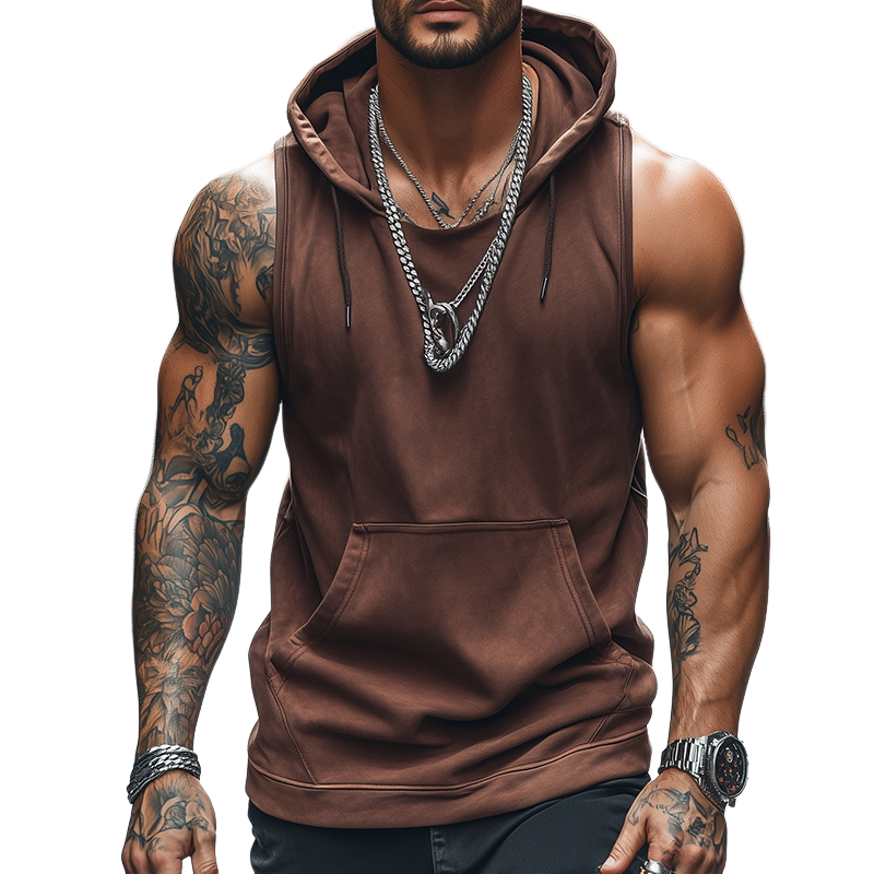 Men's Retro Casual Solid Color Sports Hooded Tank Top 9922015461560