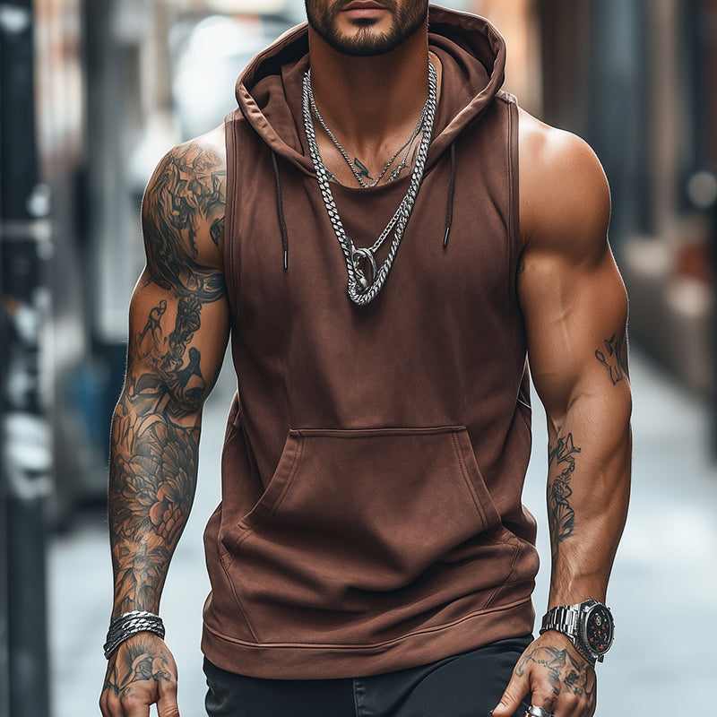 Men's Retro Casual Solid Color Sports Hooded Tank Top 9922015461560