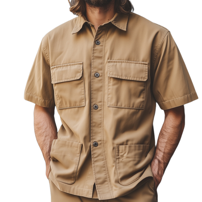 Men's Retro Casual Multi-Pocket Workwear Lapel Short Sleeve Shirt 9922015527096