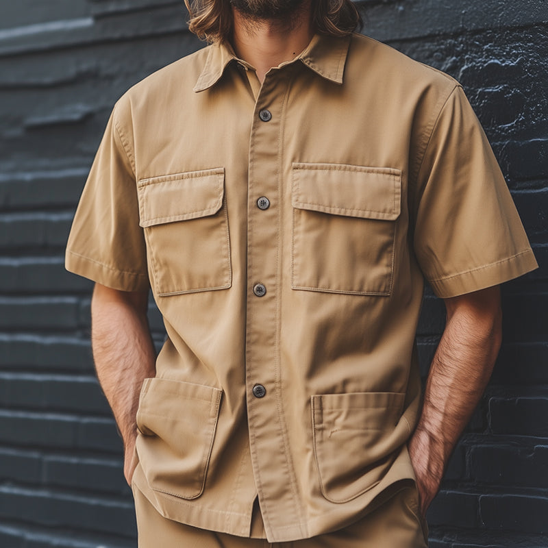 Men's Retro Casual Multi-Pocket Workwear Lapel Short Sleeve Shirt 9922015527096
