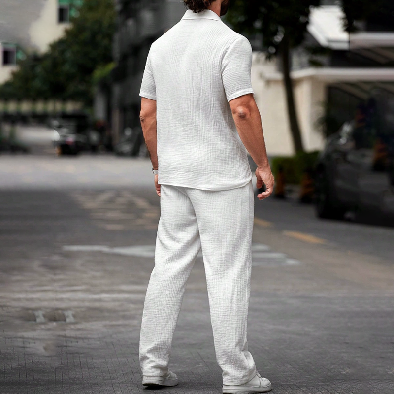 Men's Fashion Solid Textured Lapel Short Sleeve Shirt Trousers Casual Set 9922015723704
