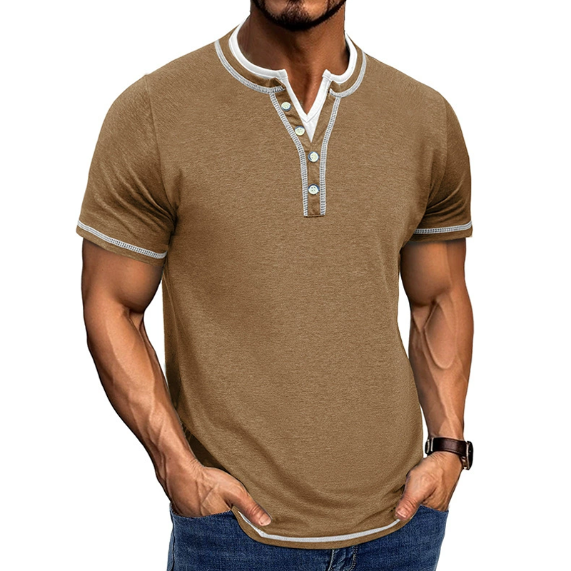 Men's Fashion Colorblock Henley Collar Short Sleeve Casual T-shirt 9922014773432