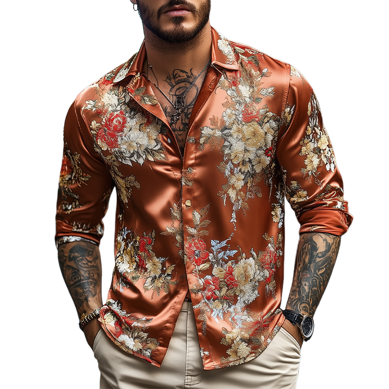 Men's Spring and Summer Fashionable Retro Printed Satin Long Sleeve Shirt 9922455797944
