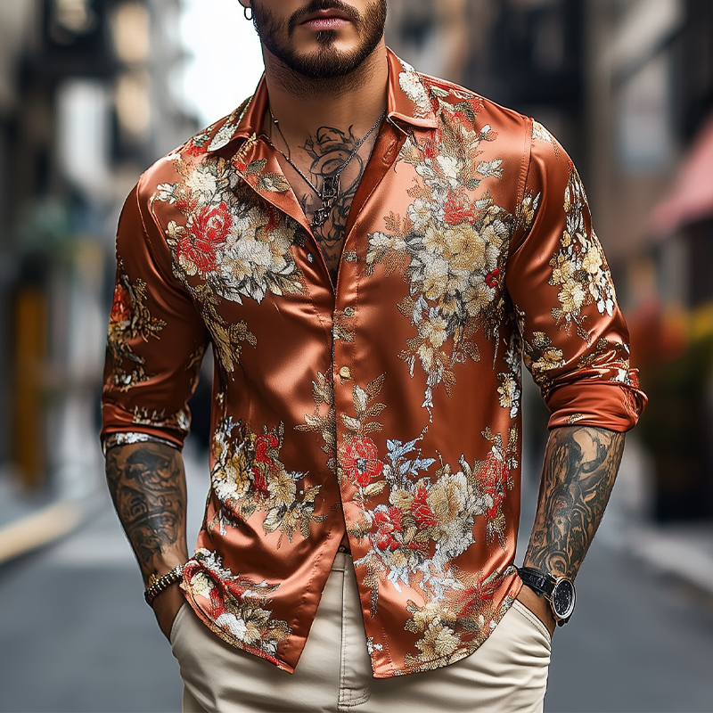 Men's Spring and Summer Fashionable Retro Printed Satin Long Sleeve Shirt 9922455797944