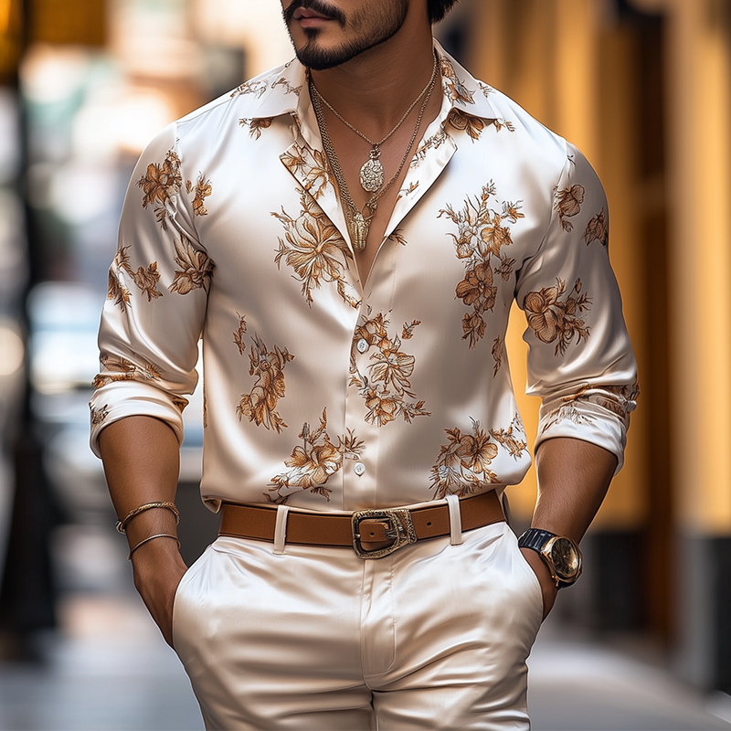 Men's Spring and Summer Fashion Retro Floral Printed Satin Long Sleeve Shirt 9922455896248