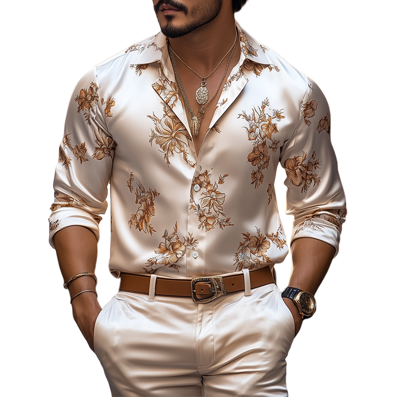 Men's Spring and Summer Fashion Retro Floral Printed Satin Long Sleeve Shirt 9922455896248