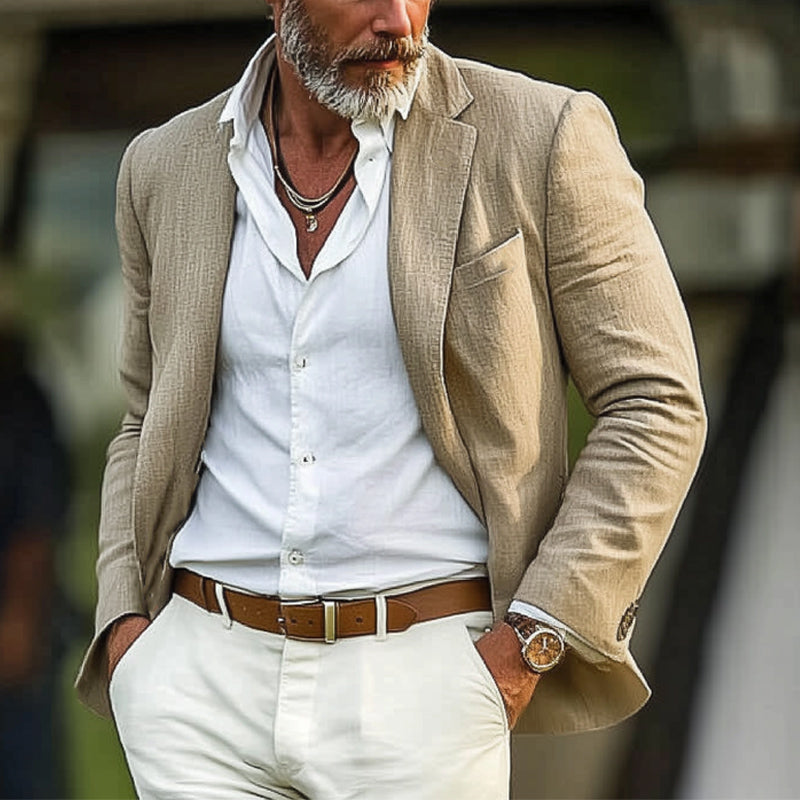 Men's Spring and Autumn Khaki Cotton and Linen Casual Blazer 9922457043128