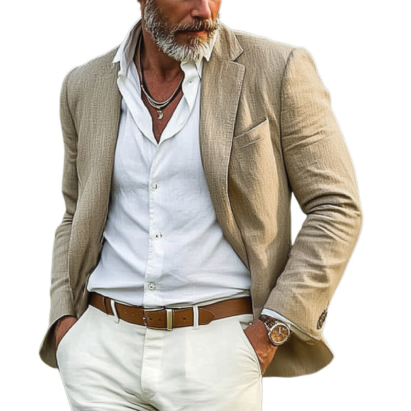 Men's Spring and Autumn Khaki Cotton and Linen Casual Blazer 9922457043128