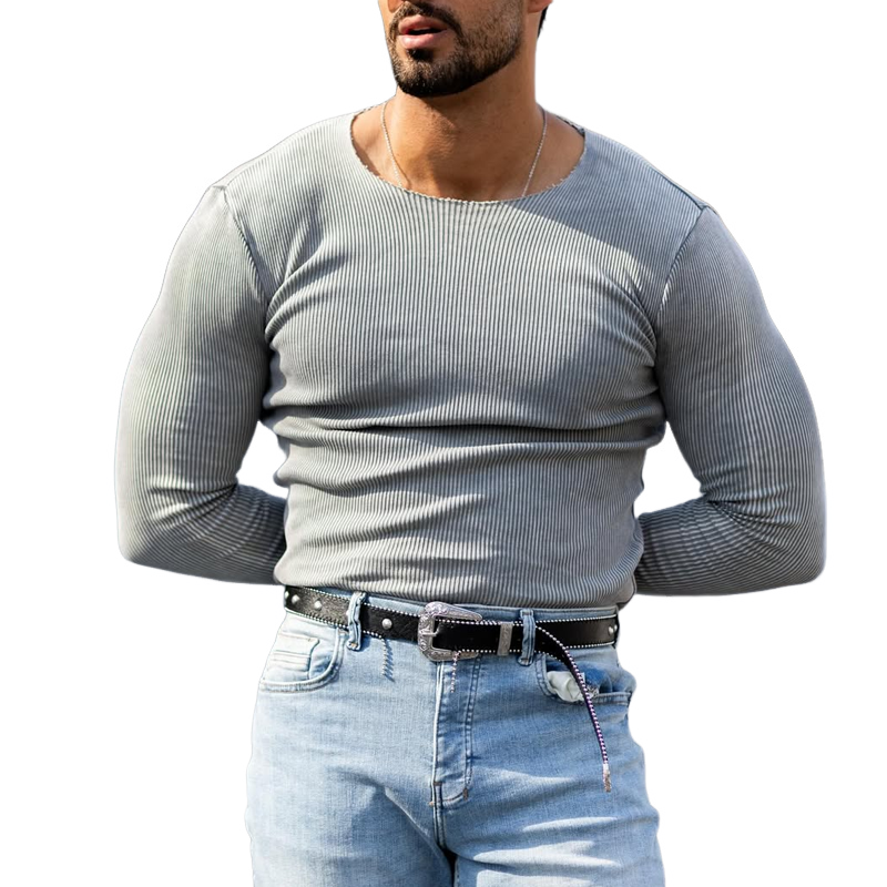 Men's Fashion Washed Striped Round Neck Long Sleeve T-shirt 9922452324536