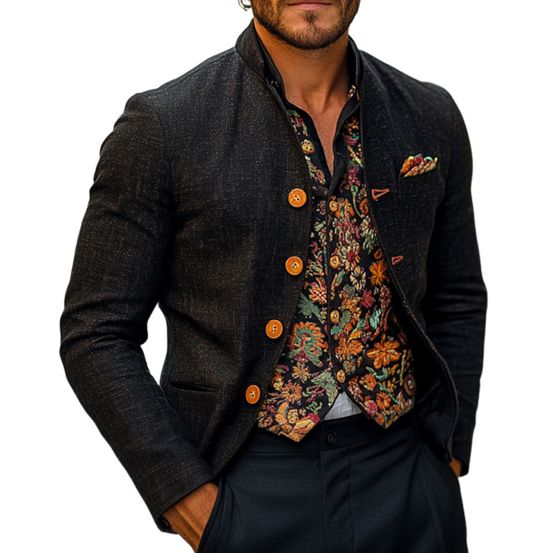 Men's Spring and Autumn Vintage Blended Stand Collar Blazer 9922457338040