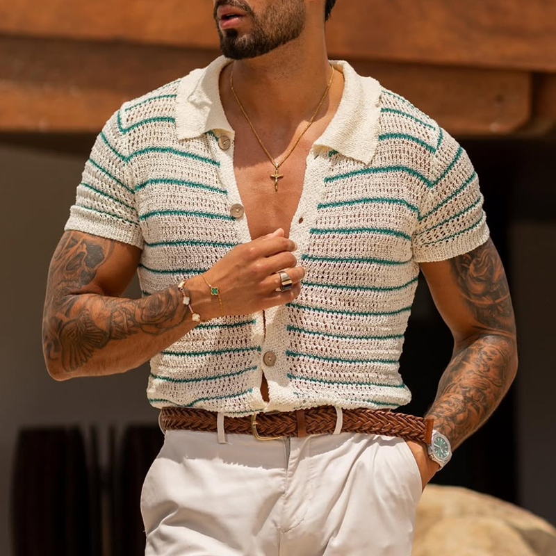 Men's Striped Knit Lapel Short Sleeve Single Breasted Polo Shirt 9922453405880