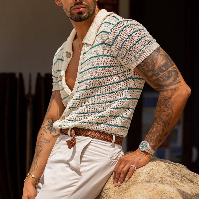 Men's Striped Knit Lapel Short Sleeve Single Breasted Polo Shirt 9922453405880