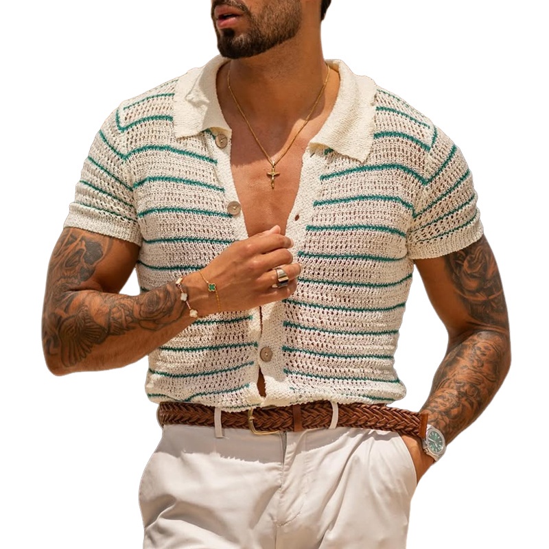 Men's Striped Knit Lapel Short Sleeve Single Breasted Polo Shirt 9922453405880