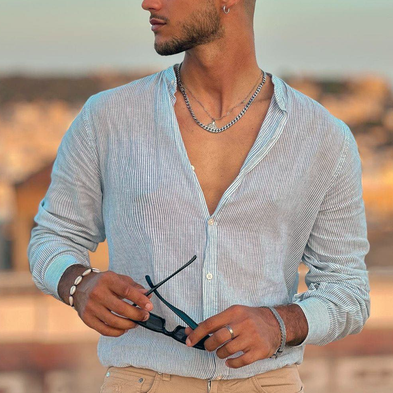 Men's Striped Round Neck Long Sleeve Casual Shirt 9922453635256