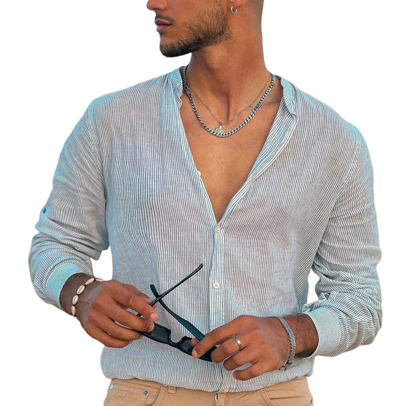 Men's Striped Round Neck Long Sleeve Casual Shirt 9922453635256