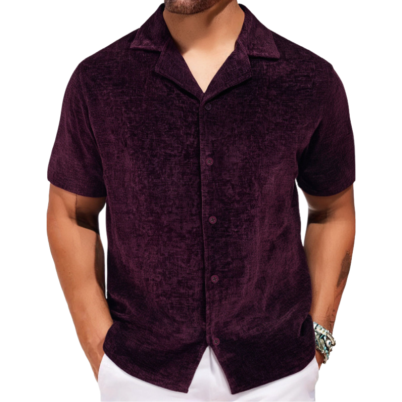 Men's Vintage Cuban Collar Velvet Loose Short Sleeve Shirt 9922454421688