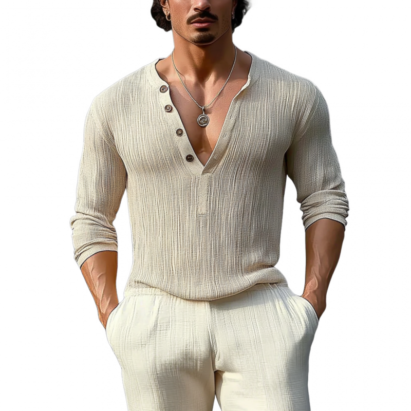 Men's Casual Cotton Linen Pleated Henry Collar Slim Fit Long Sleeve T-Shirt 9922454618296