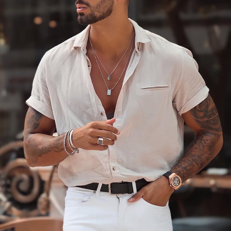 Men's Stylish Solid Loose Lapel Short Sleeve Shirt 9922454028472