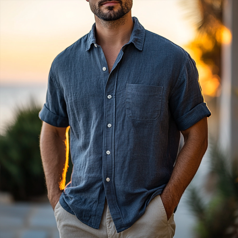 Men's Stylish Solid Loose Lapel Short Sleeve Shirt 9922454192312