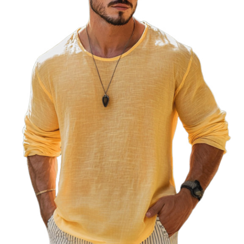 Men's Casual Cotton Linen Round Neck Loose Long Sleeve T-Shirt 9922454978744