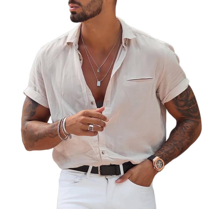 Men's Stylish Solid Loose Lapel Short Sleeve Shirt 9922454028472