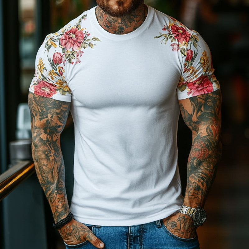 Men's Retro Casual Floral Print Round Neck Short Sleeve T-Shirt 9928620769464