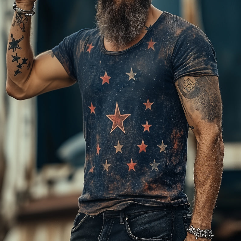 Men's Retro Casual Star Universe Printed Round Neck Short Sleeve T-Shirt 9928621424824