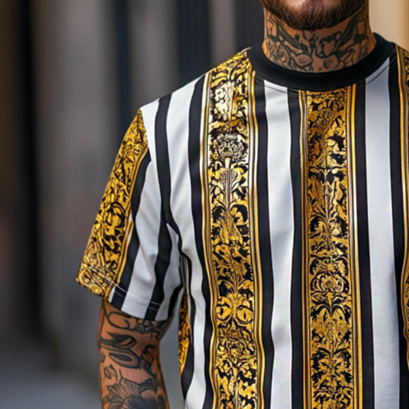 Men's Retro Casual Baroque Printed Round Neck Short Sleeve T-Shirt 9928620638392