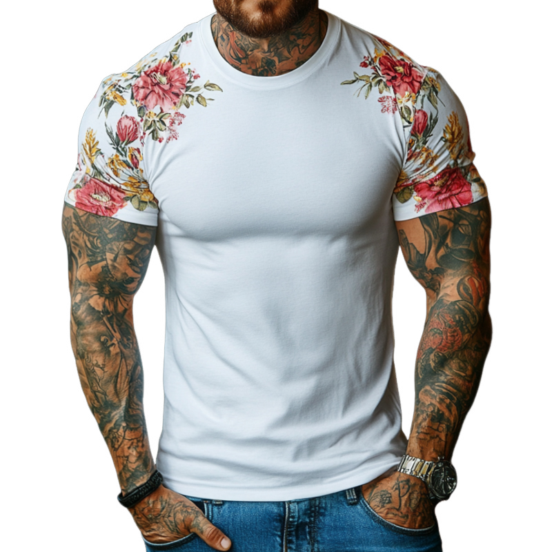 Men's Retro Casual Floral Print Round Neck Short Sleeve T-Shirt 9928620769464