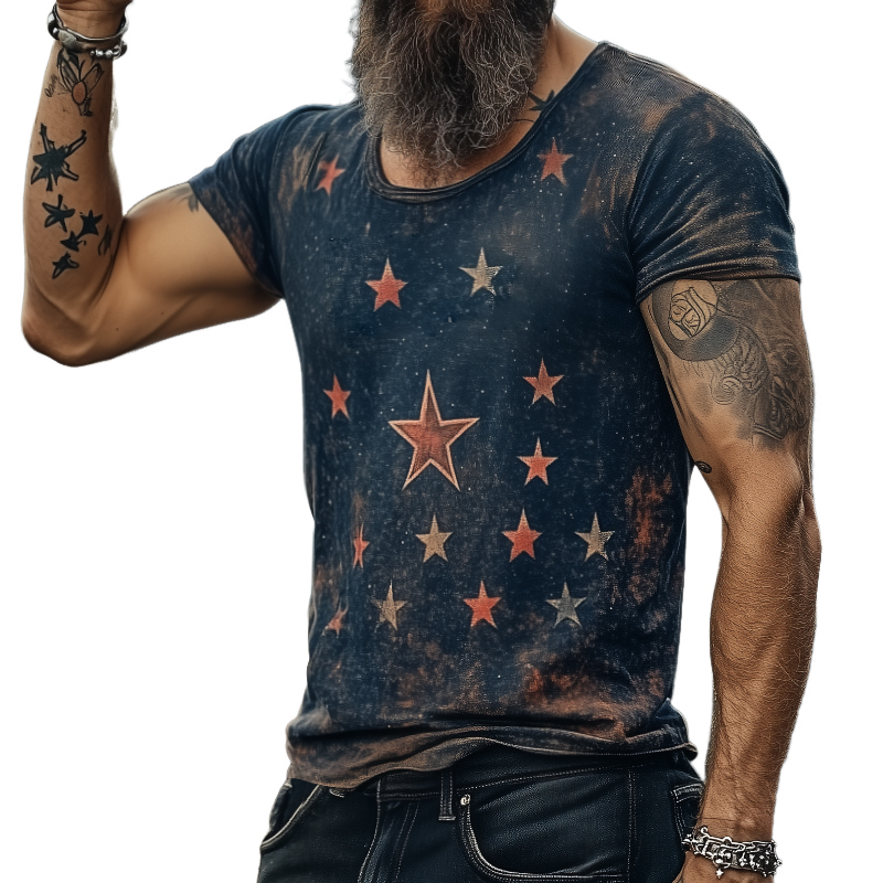 Men's Retro Casual Star Universe Printed Round Neck Short Sleeve T-Shirt 9928621424824
