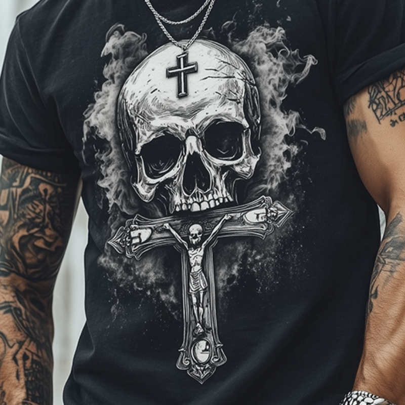Men's Retro Casual Skull Cross Printed Round Neck Short Sleeve T-Shirt 9928621621432