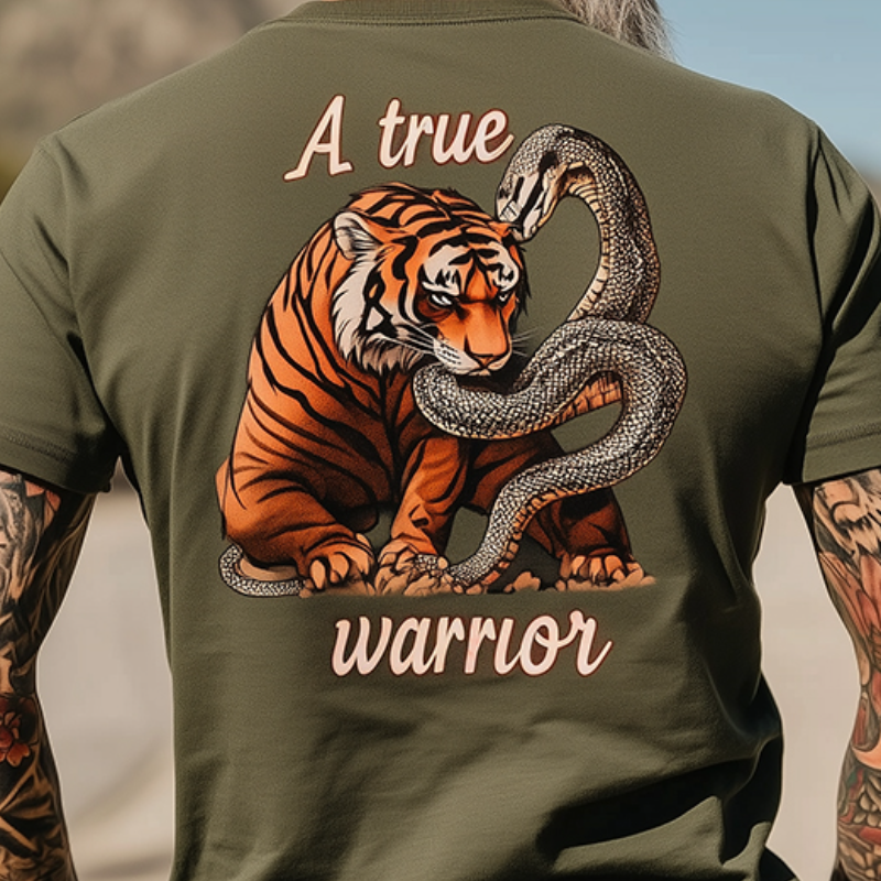 Men's retro casual A true warrior print round neck short sleeve T-shirt 9928622014648