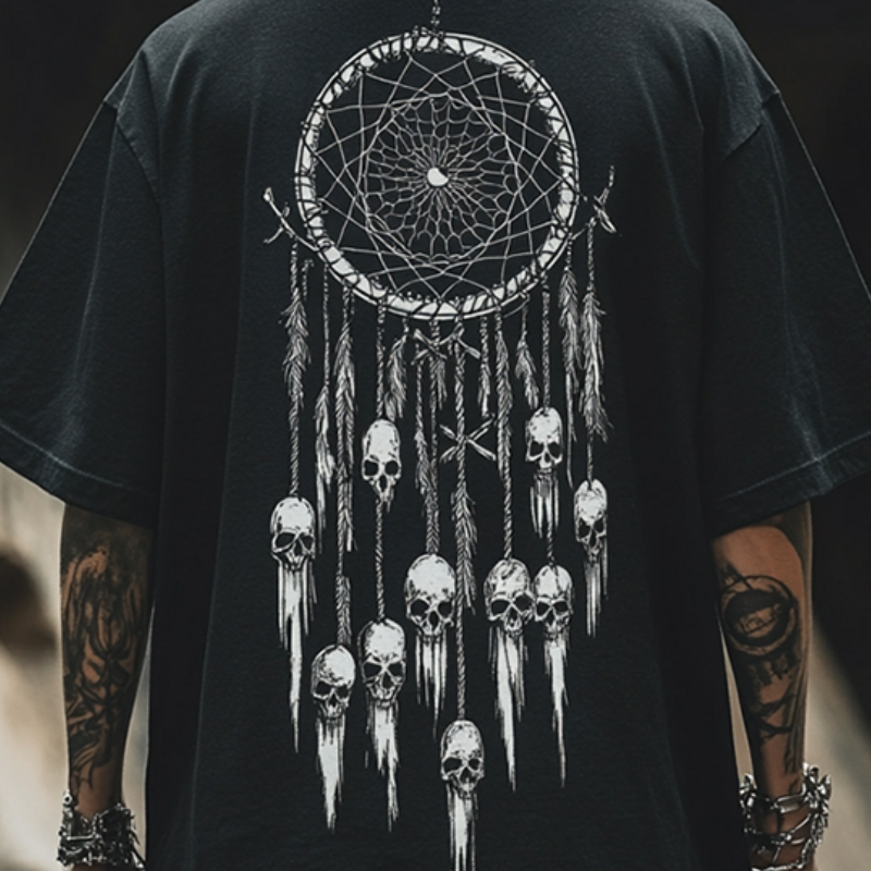 Men's Retro Casual Dreamcatcher Skull Print Round Neck Short Sleeve T-Shirt 9928622178488
