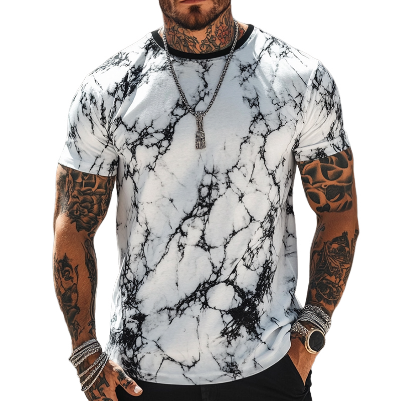 Men's Retro Casual Crack Printed Round Neck Short Sleeve T-Shirt 9928622473400