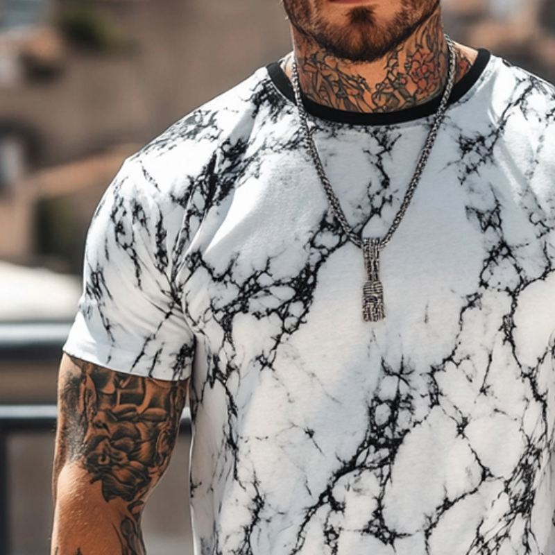 Men's Retro Casual Crack Printed Round Neck Short Sleeve T-Shirt 9928622473400