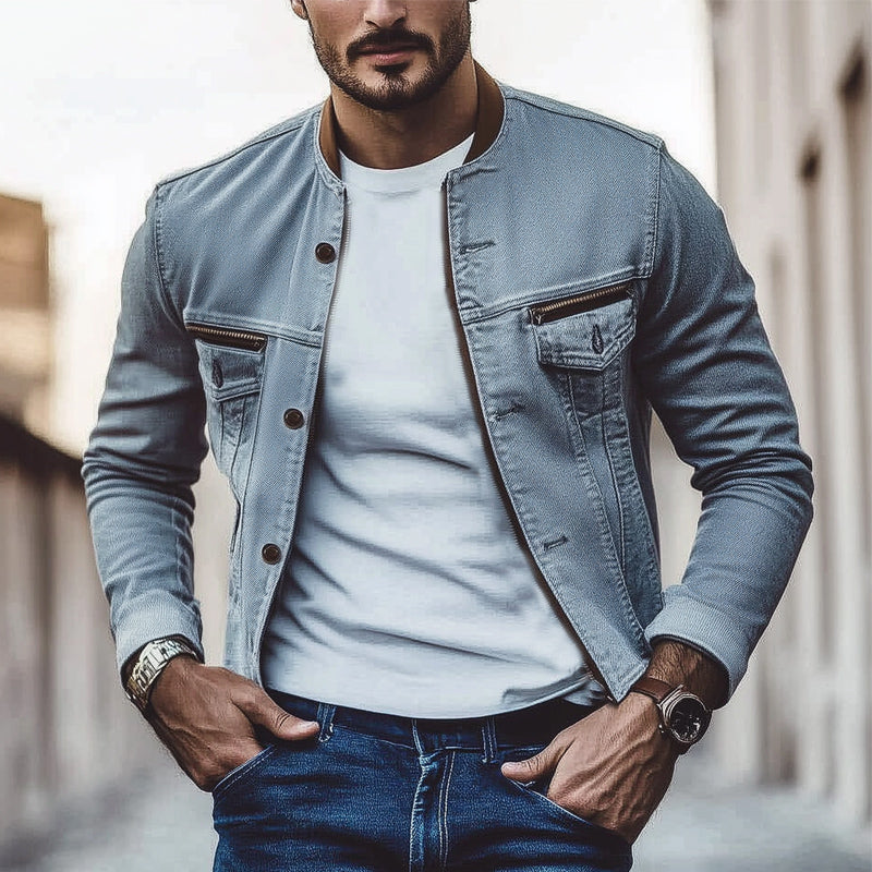Men's Spring and Autumn Vintage Gray Washed Denim Jacket 9928619262136