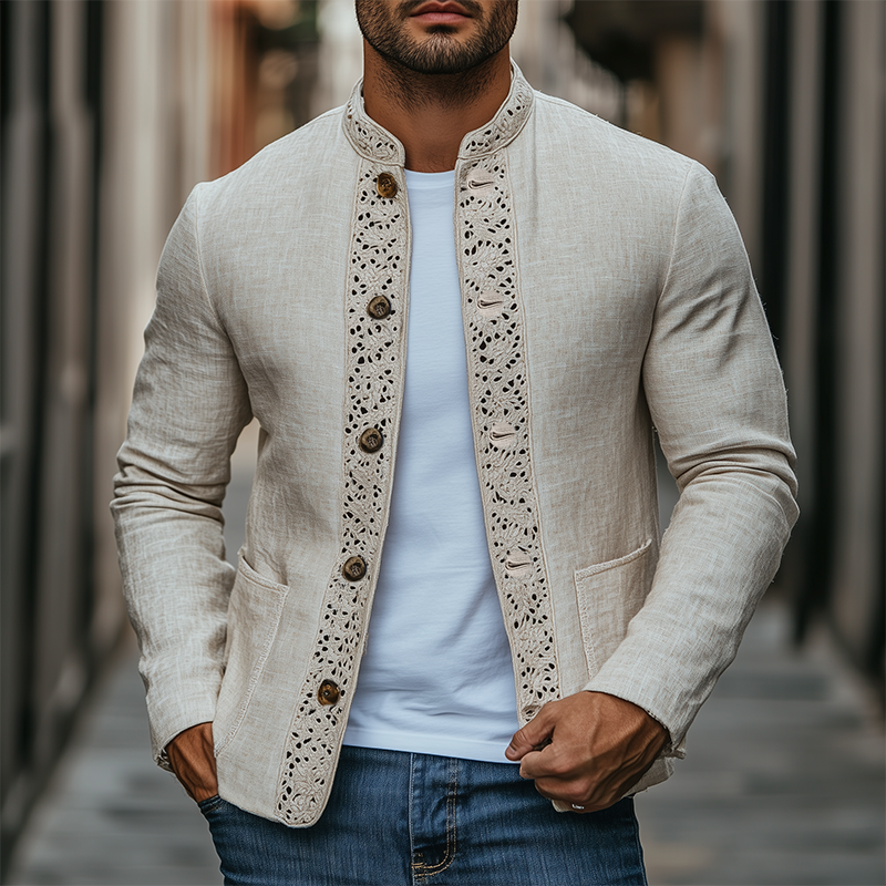 Men's Spring New Retro Lace Stitching Stand Collar Thin Cotton and Linen Jacket 9928623128760