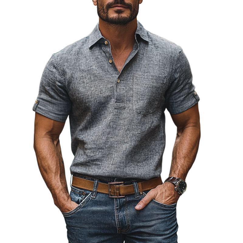 Men's Casual Linen Lapel Patch Pocket Pullover Short Sleeve Shirt 9929999450296