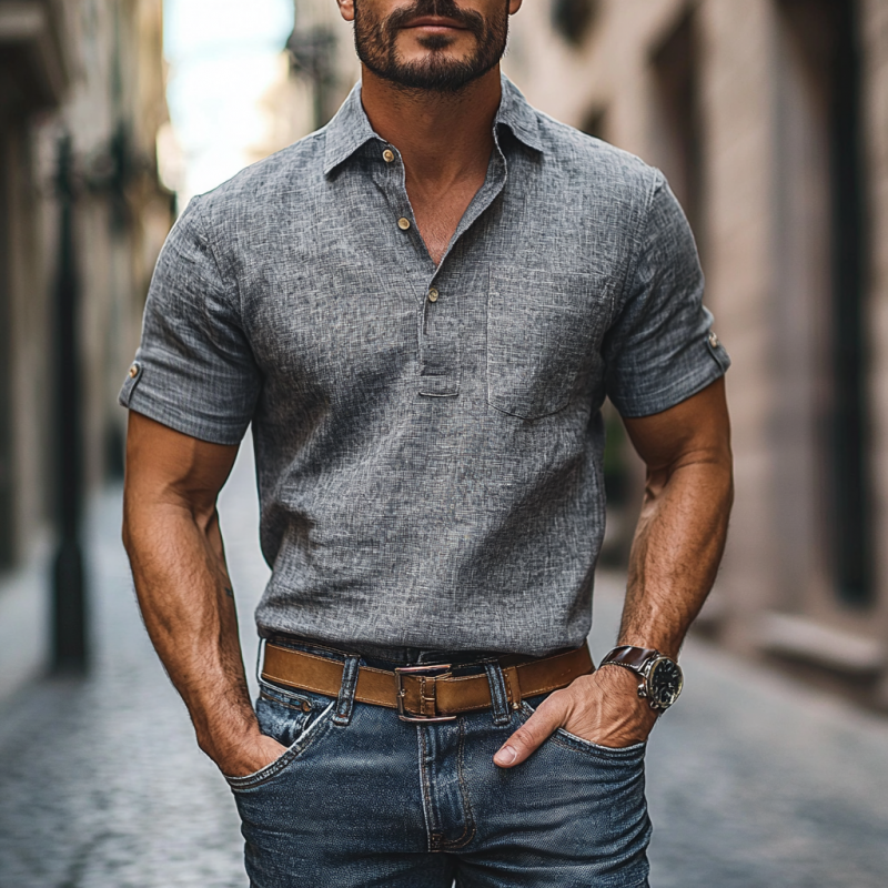 Men's Casual Linen Lapel Patch Pocket Pullover Short Sleeve Shirt 9929999450296