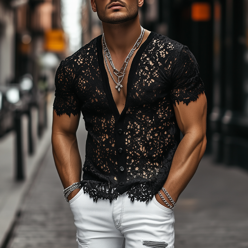 Men's Fashion Sexy Slightly Transparent Black Lace Short-sleeved Shirt 9928620179640